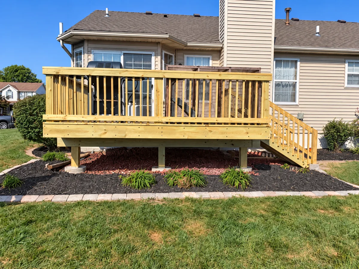 Wood deck with railings and stairs