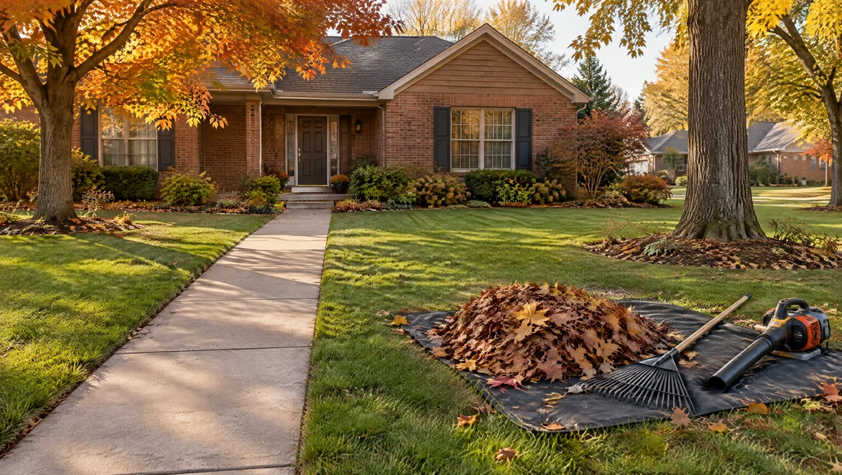 Planning illustration of autumn leaves, a yard, and a rake