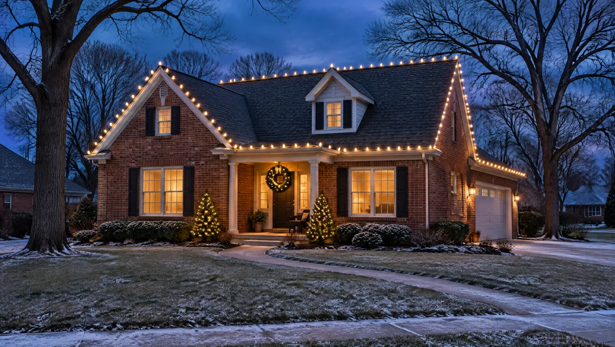 Planning illustration of a home with Christmas lights along its roofline