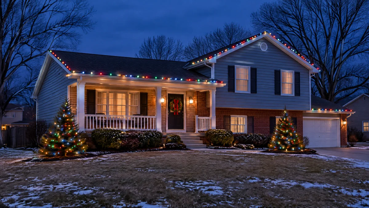 AI-generated multicolor holiday lighting planning illustration